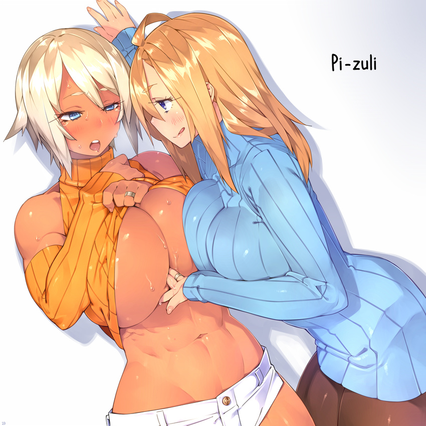 2girls :q abs ahoge ahoge_girl_(23) areola_slip areolae bare_shoulders between_breasts black_legwear blonde_hair blue_eyes blush breasts couple dark-skinned_girl_(23) detached_sleeves hand_between_breasts highres jewelry large_breasts long_hair midriff multiple_girls navel no_bra open_mouth orange_shirt original pantyhose ribbed_sleeves ribbed_sweater ring shirt short_hair short_shorts shorts simple_background sleeveless sleeveless_turtleneck smile sweat sweater toned tongue tongue_out turtleneck underboob wedding_band white_background wife_and_wife yuri