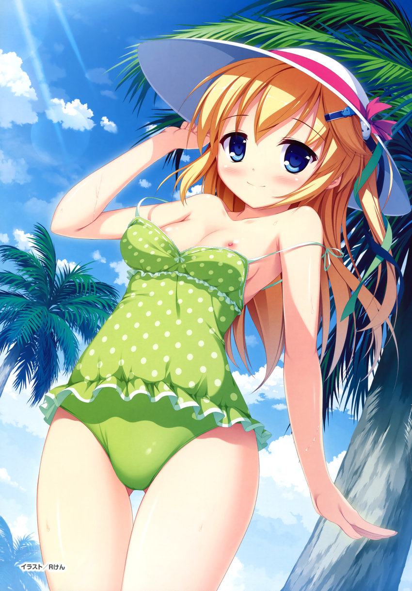 absurdres artist_name bare_shoulders blonde_hair blue_eyes blue_sky blush breasts casual_one-piece_swimsuit cloud day g.i.b._girls_in_black green_swimsuit hair_ornament hairclip hat highres long_hair nipples one-piece_swimsuit otonashi_sorami palm_tree polka_dot polka_dot_swimsuit ryoumoto_ken scan sky small_breasts smile solo strap_slip sun_hat sunlight swimsuit tree wardrobe_malfunction