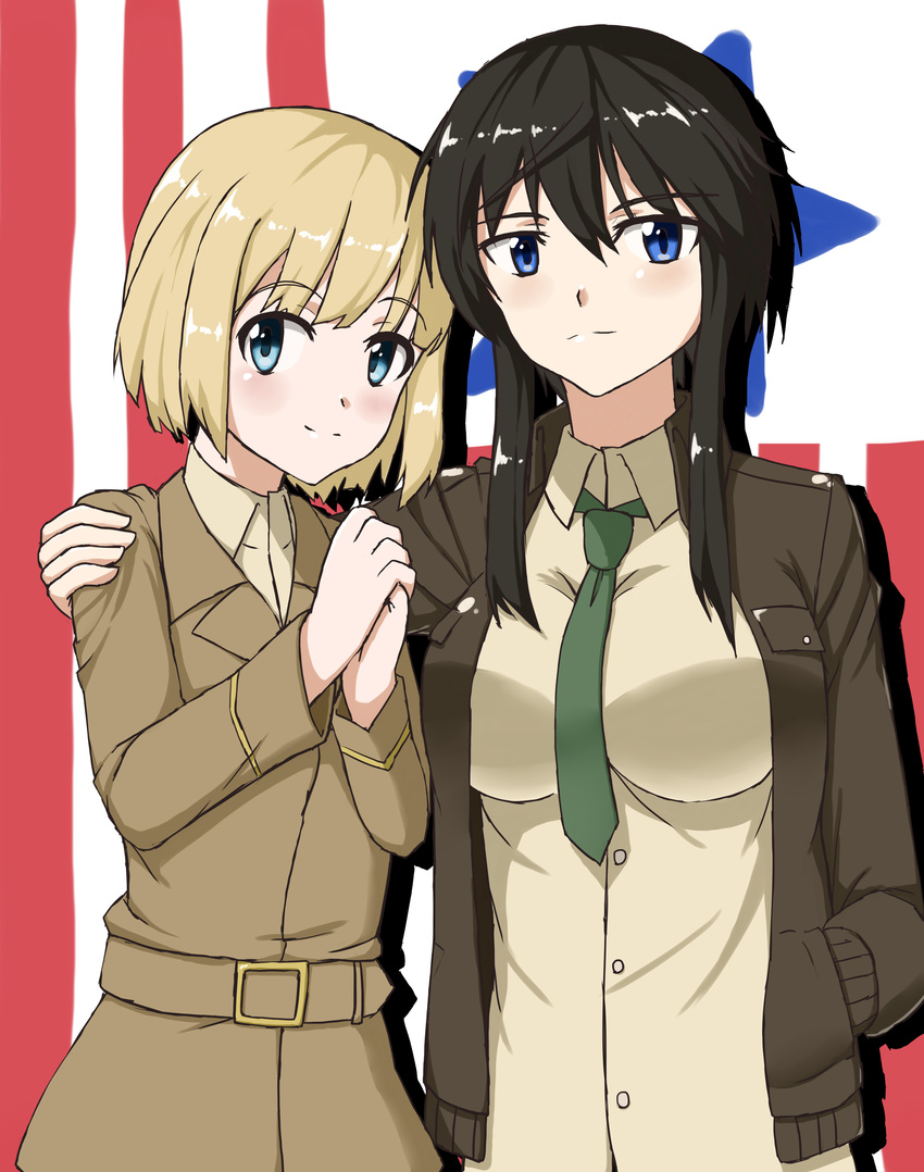 absurdres arm_around_shoulder black_hair blonde_hair blue_eyes blush breasts dominica_s_gentile flag hand_in_pocket highres hiroshi_(hunter-of-kct) jacket jane_t_godfrey large_breasts light_smile long_hair looking_at_viewer military military_uniform multiple_girls necktie short_hair sketch uniform world_witches_series