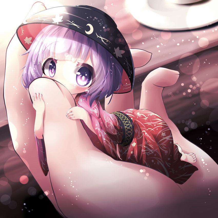 akisha bad_id bad_pixiv_id barefoot bowl bowl_hat finger_to_another's_mouth hat highres in_palm japanese_clothes kimono long_sleeves looking_at_viewer minigirl obi out_of_frame pov pov_hands purple_eyes purple_hair sash sukuna_shinmyoumaru touhou wide_sleeves