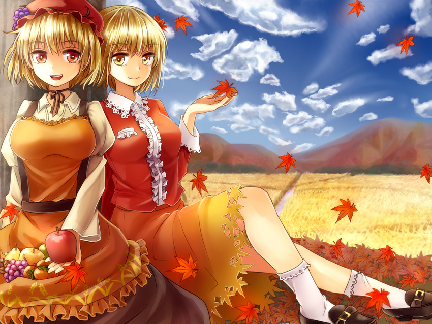 against_tree aki_minoriko aki_shizuha apple apron autumn autumn_leaves blonde_hair blue_sky breasts cloud day field food fruit grapes hat holding large_breasts leaf long_sleeves looking_at_viewer maple_leaf mob_cap mountain multiple_girls neck_ribbon open_mouth outdoors pear persimmon ribbon shironeko_yuuki shoes short_hair siblings sisters sitting skirt sky smile socks touhou tree white_legwear