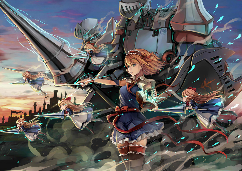absurdres alice_margatroid armor attack black_legwear blonde_hair blue_eyes blue_sky book bow capelet castle charging cloud dress dust electricity garters goliath_doll grimoire grimoire_of_alice gyakushuu_no_hoshiumi hairband highres jpeg_artifacts kawashiro_nitori knight lance light_particles long_hair open_book outstretched_arm parted_lips pointing polearm puppet_rings ribbon shanghai_doll short_hair silhouette sky sunset thighhighs touhou weapon wind zettai_ryouiki