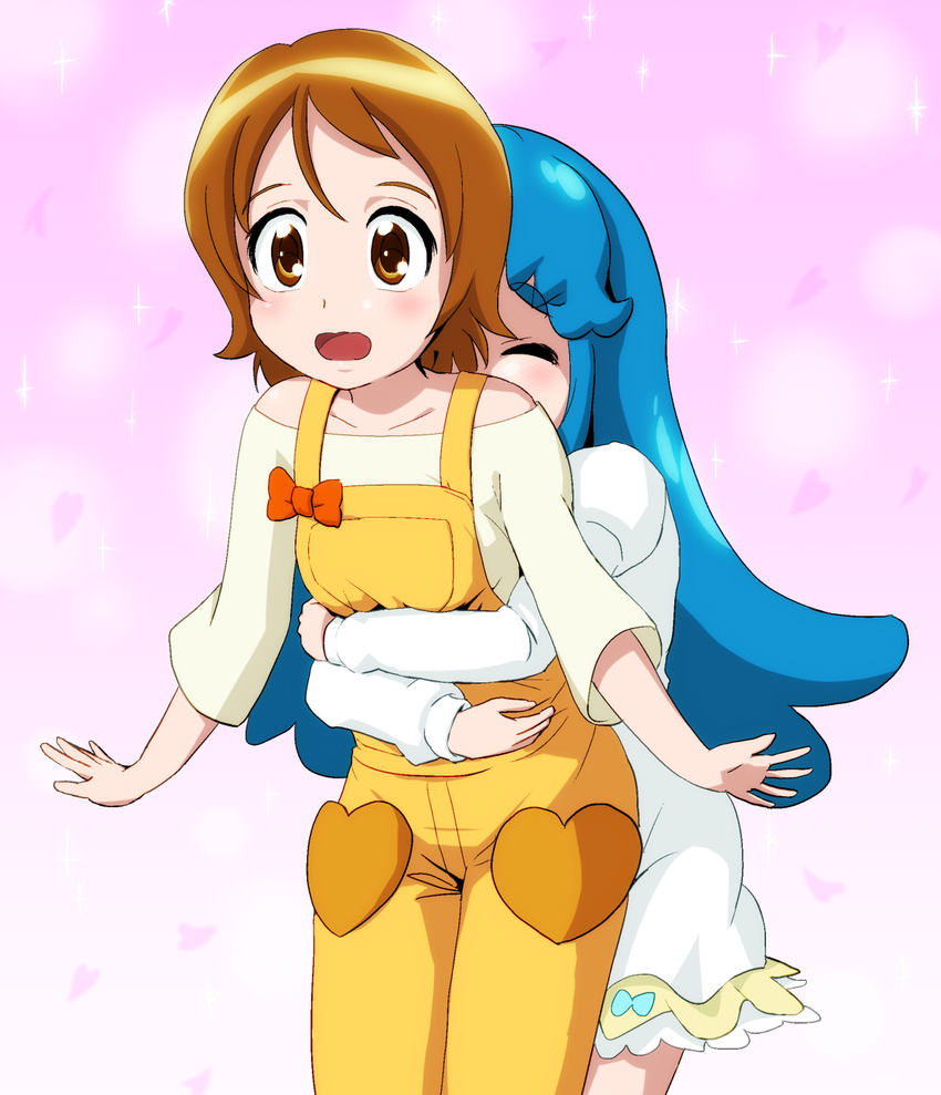 bare_shoulders blue_hair brown_hair closed_eyes dress happinesscharge_precure! highres hug hug_from_behind itommy long_hair multiple_girls oomori_yuuko open_mouth precure shirayuki_hime short_hair white_dress