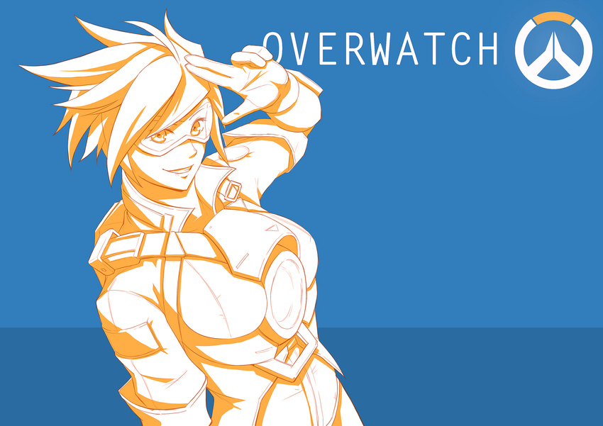 bad_id bad_pixiv_id bangs blue_background breasts buckle copyright_name from_side goggles grin highres jacket large_breasts looking_at_viewer monochrome orange_(color) overwatch rebe11 salute short_hair simple_background sleeves_folded_up smile solo spandex spiked_hair tracer_(overwatch) upper_body