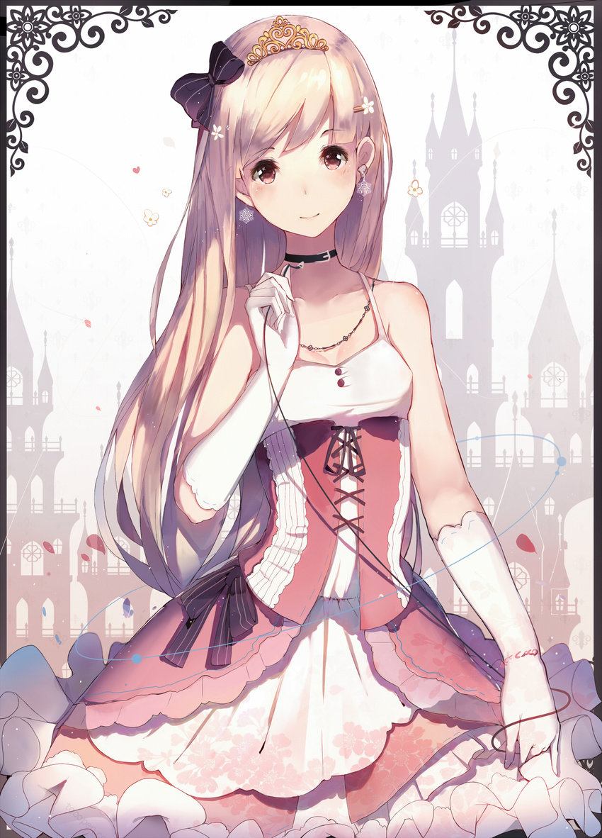 bad_id bad_pixiv_id bare_shoulders blonde_hair blush bow breasts brown_eyes choker cleavage collarbone corset dress earrings gloves hadean92 hair_bow hair_ornament hairclip heart highres jewelry leash long_hair looking_at_viewer necklace original small_breasts smile solo spaghetti_strap tiara white_gloves