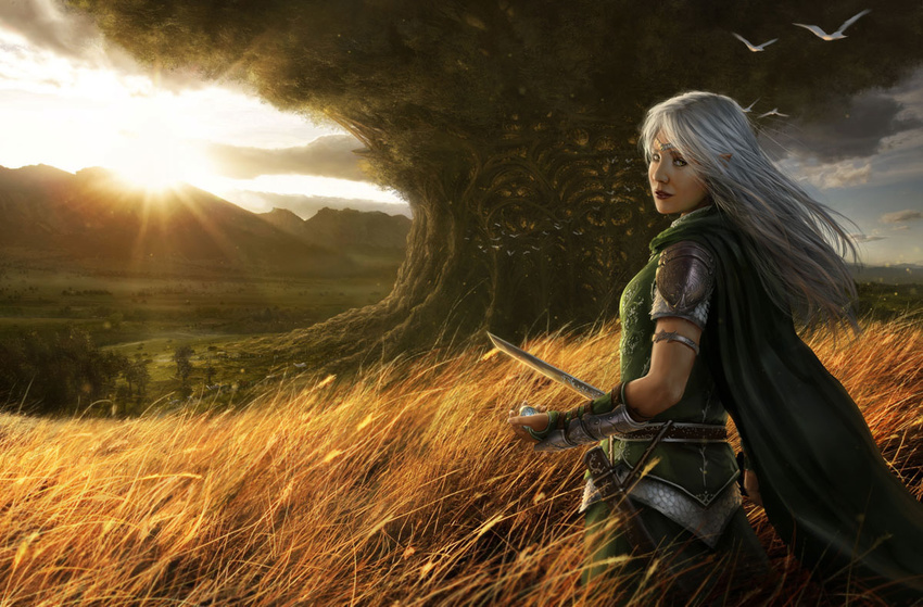 armlet armor bird cape cloud elf fantasy giant_tree green_cape green_eyes long_hair looking_back luthiel luthiel's_song marek_okon mountain official_art pointy_ears sheath shoulder_armor silver_hair sky solo spaulders sunlight sunrise sword tree vambraces weapon wheat_field