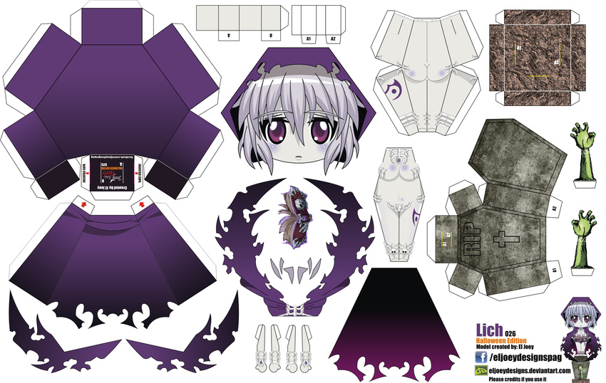 absurdres artist_name ass blush book breasts cape character_name chibi el_joey highres lavender_hair lich_(monster_girl_encyclopedia) medium_breasts monster_girl monster_girl_encyclopedia navel nude pale_skin paper_cutout papercraft purple_eyes solo tattoo tombstone torn_cape watermark web_address