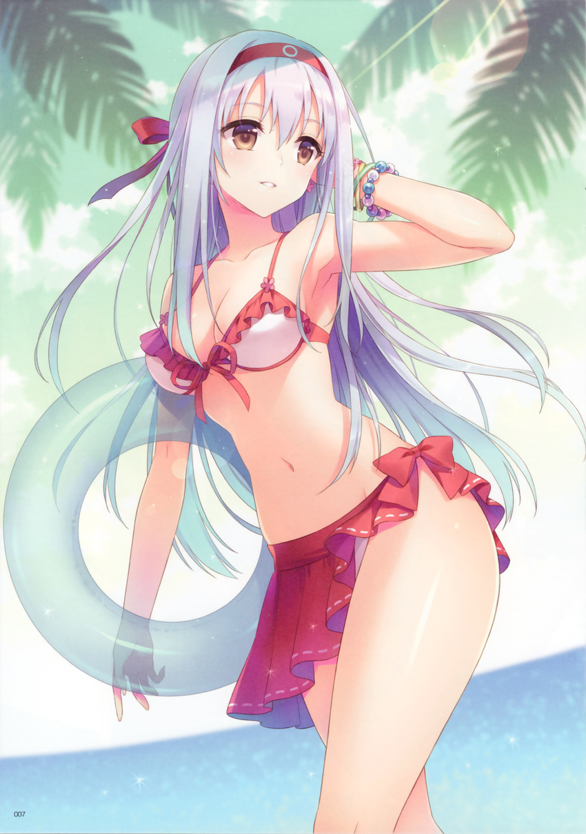 absurdres an2a arm_up armpits bikini bow bracelet breasts brown_eyes cleavage frilled_bikini frills front-tie_top hair_ribbon hairband hand_behind_head highres innertube jewelry kantai_collection legs long_hair looking_at_viewer looking_away medium_breasts navel parted_lips ribbon sarong scan shiny shiny_skin shoukaku_(kantai_collection) silver_hair solo swimsuit wristband