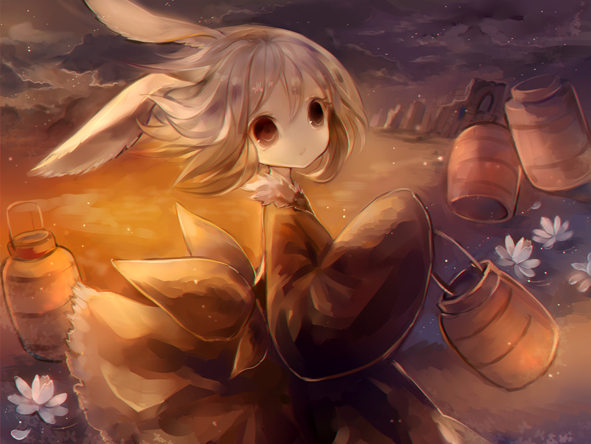 animal_ears bad_id bad_pixiv_id bunny_ears faux_traditional_media grey_eyes grey_hair hanchan holding lampion looking_at_viewer original parted_lips short_hair solo wind