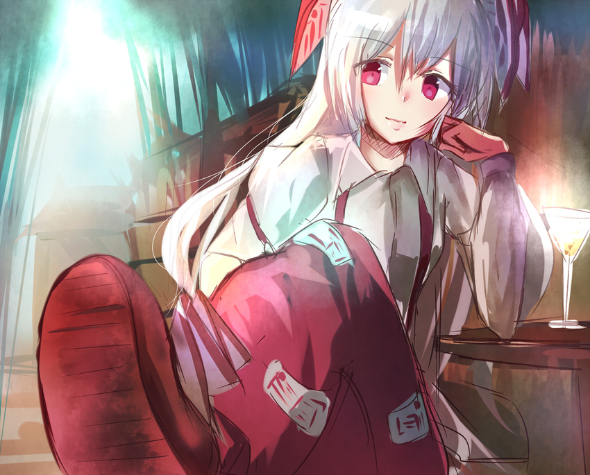 bad_id bad_pixiv_id bamboo bamboo_forest bow cocktail_glass cup drinking_glass forest fujiwara_no_mokou hair_bow highres hizagawa_rau juliet_sleeves light_smile long_hair long_sleeves nature pants pink_eyes puffy_sleeves shirt silver_hair sitting solo suspenders table touhou very_long_hair