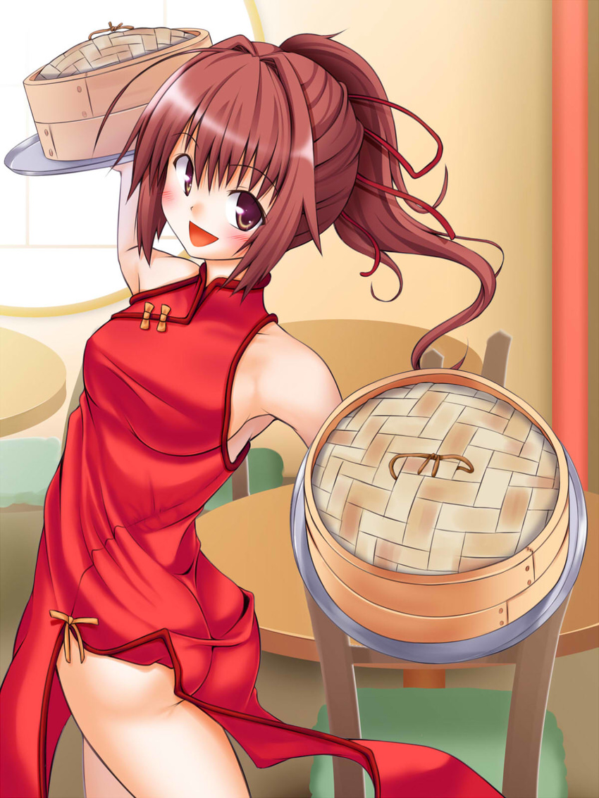1girl arc_system_works ass bare_shoulders blazblue blush breasts brown_eyes brown_hair celica_a_mercury china_dress chinese_clothes dress from_behind hair_ribbon long_hair looking_at_viewer looking_back open_mouth ribbon slavedoll smile solo