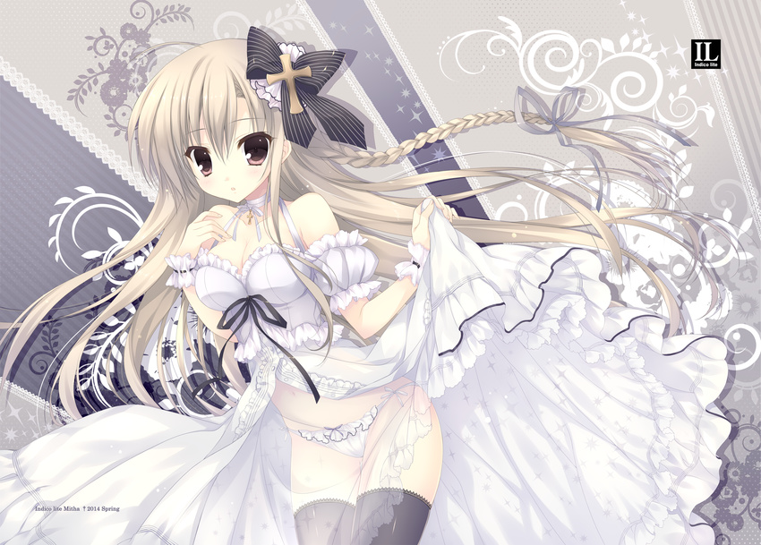 absurdres black_legwear blonde_hair bow braid breasts brown_eyes cleavage cross_hair_ornament dress dress_lift hair_bow hair_ornament halterneck highres medium_breasts mitha panties see-through side-tie_panties string_panties thighhighs underwear white_panties