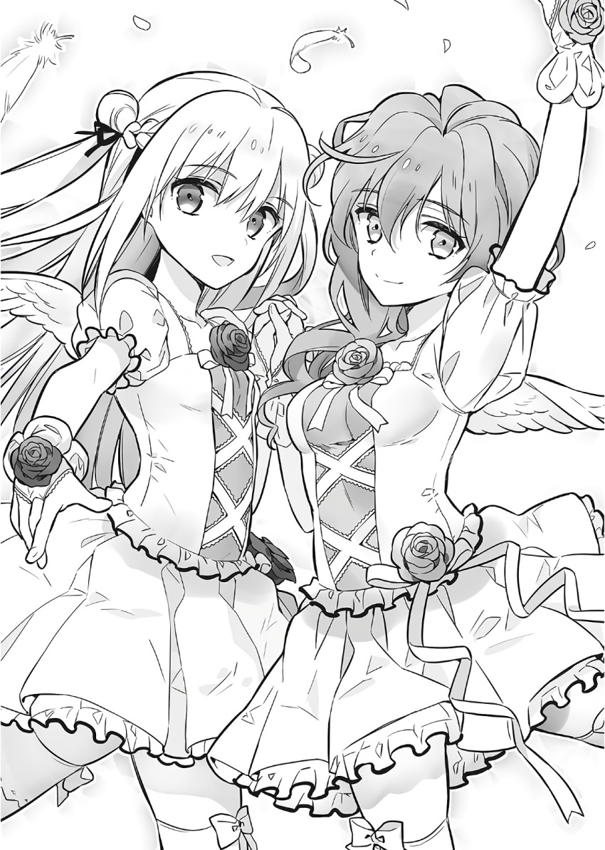 2girls :d arm_up assassins_pride breasts bridal_gauntlets double_bun eyebrows_visible_through_hair feathered_wings floating_hair flower frilled_skirt frills greyscale hair_between_eyes hair_ribbon highres holding_hand interlocked_fingers long_hair looking_at_viewer merida_angel miniskirt monochrome multiple_girls ninomoto novel_illustration official_art open_mouth pleated_skirt ribbon rose sarasha_sikzar shiny shiny_hair skirt small_breasts smile standing thighhighs wings zettai_ryouiki