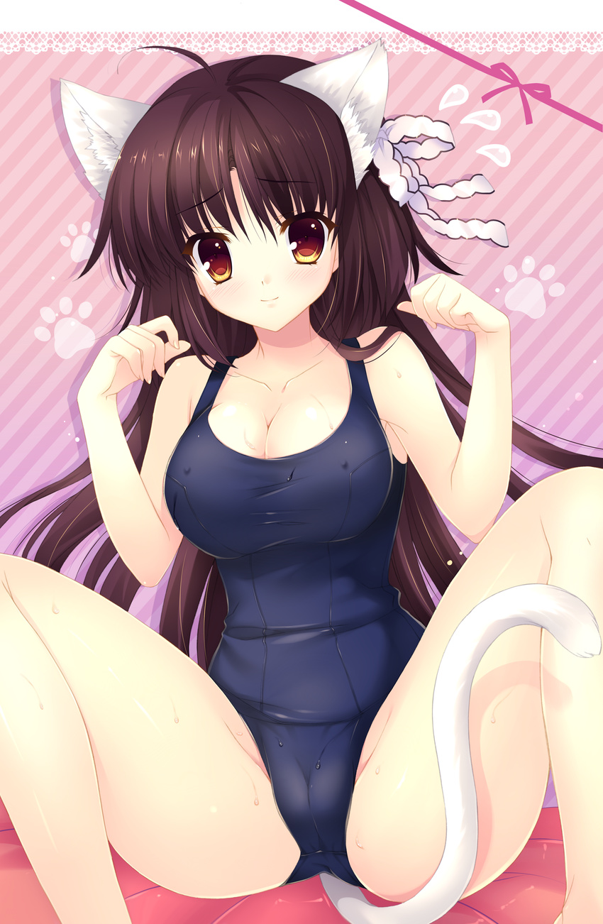 absurdres alia's_carnival! animal_ears breasts brown_eyes brown_hair cameltoe cat_ears cat_tail cleavage covered_nipples hair_ribbon highres large_breasts mitha one-piece_swimsuit paw_pose ribbon saijo_karin school_swimsuit solo spread_legs swimsuit tail
