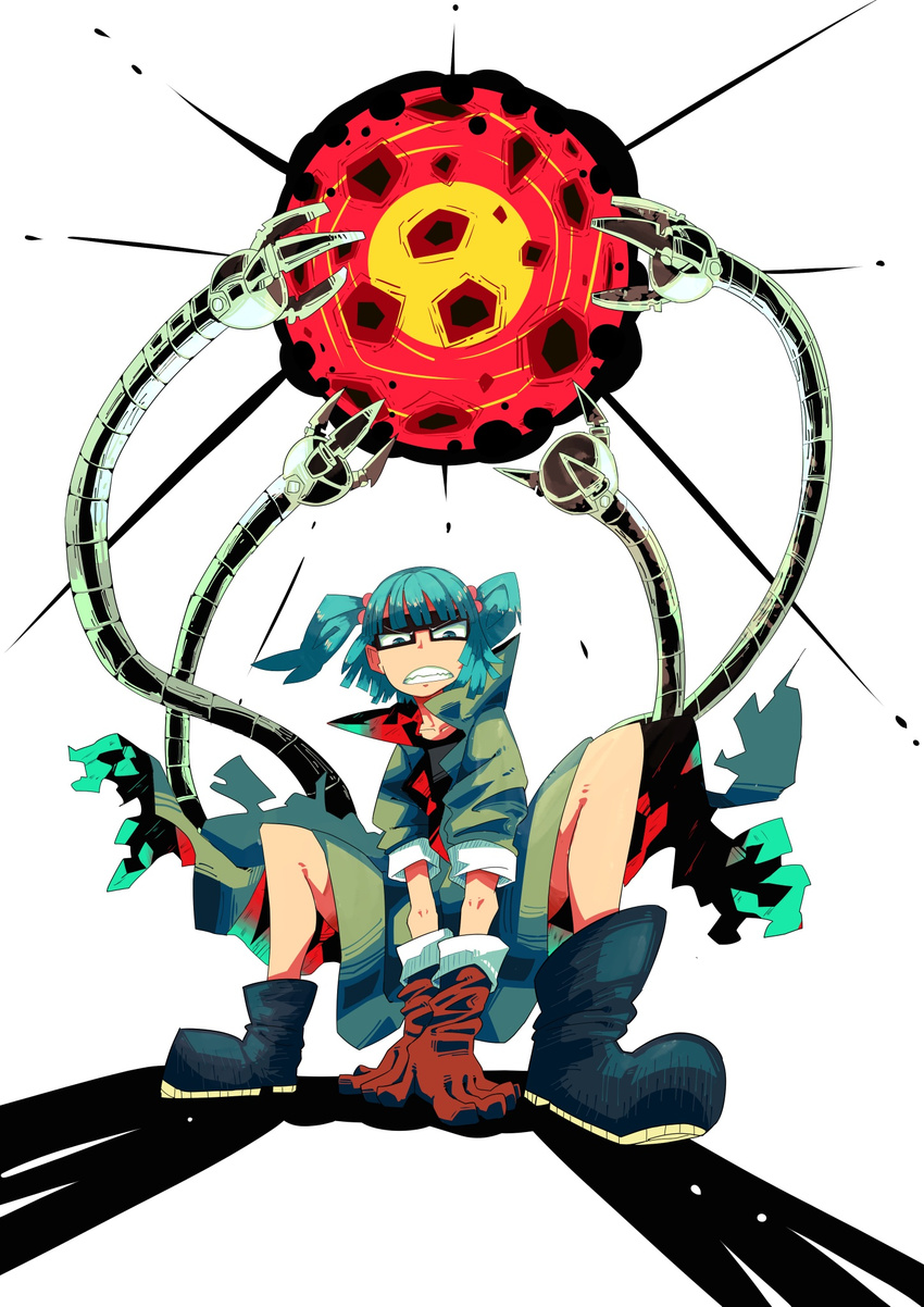 bad_id bad_pixiv_id bespectacled blue_eyes blue_hair boots clenched_teeth doctor_octopus dress glasses gloves hair_bobbles hair_ornament highres kawashiro_nitori marvel mechanical_arms meteor no_hat no_headwear short_hair solo squatting teeth the_omoti touhou two_side_up