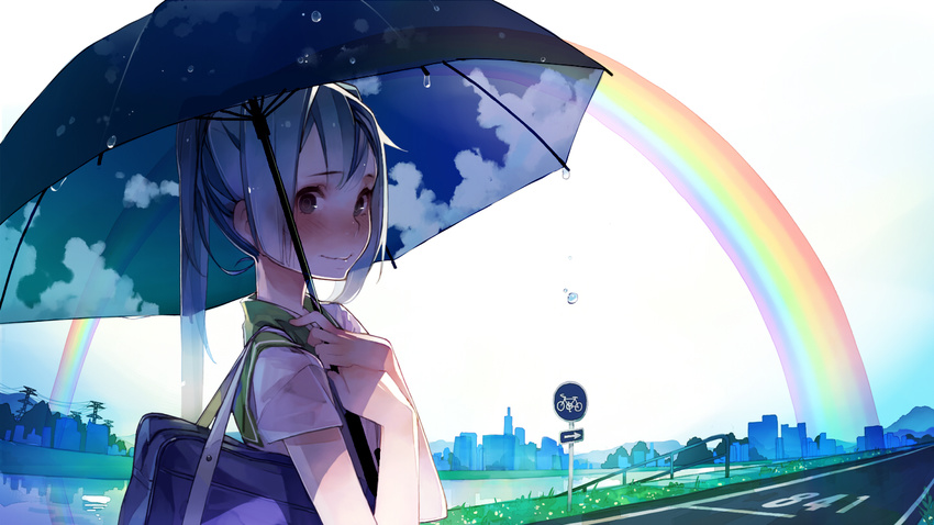 aqua_hair bag black_eyes blush hatsune_miku long_hair looking_at_viewer mmlu_(honwa_karesu) rainbow road road_sign school_bag school_uniform serafuku sign sky smile solo twintails umbrella upper_body vocaloid