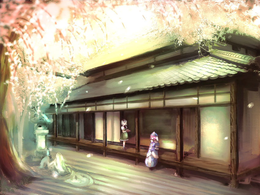 architecture bow cherry_blossoms east_asian_architecture hair_bow hakugyokurou hat konpaku_youmu multiple_girls petals pink_hair rock_garden saigyouji_yuyuko scenery silver_hair stone_lantern touhou untsue