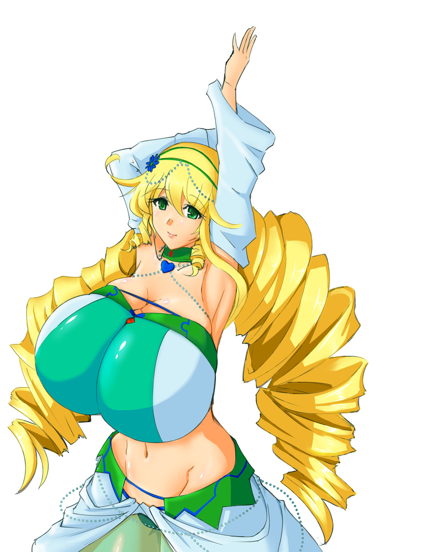 1girl aeon708 arms_up blonde_hair breasts cleavage detached_sleeves female gigantic_breasts green_eyes highres long_hair madan_no_ou_to_vanadis midriff navel simple_background smile sofya_obertas solo white_background