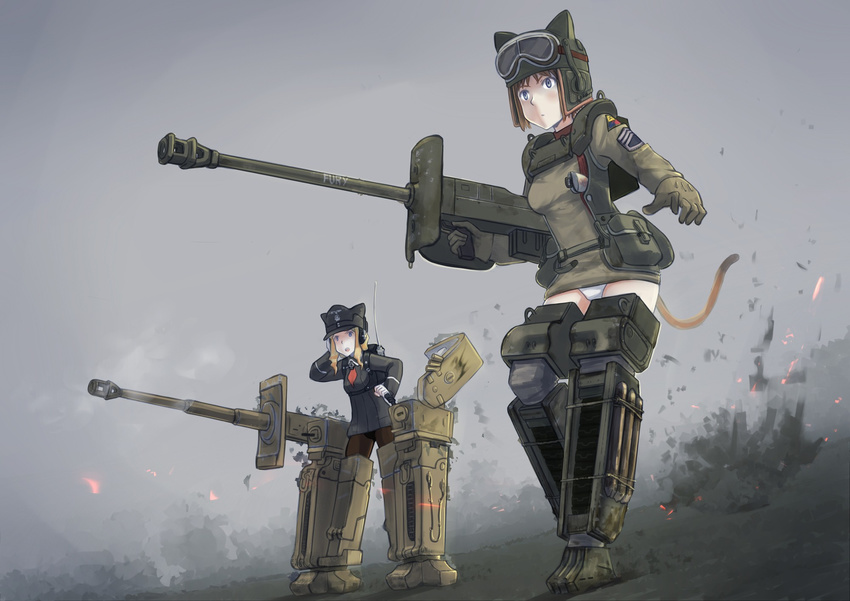 america animal_ears animal_hat backpack bag blonde_hair blue_eyes brown_hair cat_ears cat_tail commentary erica_(naze1940) explosion fury_(movie) germany gloves goggles goggles_on_headwear gun handgun hat headphones highres holster iron_cross long_hair long_sleeves m4_sherman_(personification) military military_uniform multiple_girls open_mouth original panties peaked_cap short_hair striker_unit tail tiger_i_(personification) trigger_discipline underwear uniform weapon white_panties world_witches_series