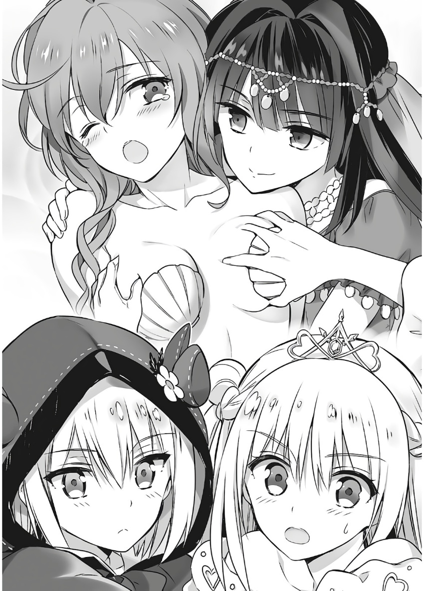 4girls ;d ahoge assassins_pride blush breast_grab breasts collarbone diadem elise_angel eyebrows_visible_through_hair fur-trimmed_hood grabbing greyscale hair_between_eyes hair_ornament hand_on_another's_shoulder highres hood hood_up long_hair medium_breasts merida_angel monochrome mule_la_mall multiple_girls ninomoto novel_illustration official_art one_eye_closed open_mouth sarasha_sikzar shell shell_bikini shiny shiny_hair smile sweatdrop tears upper_body