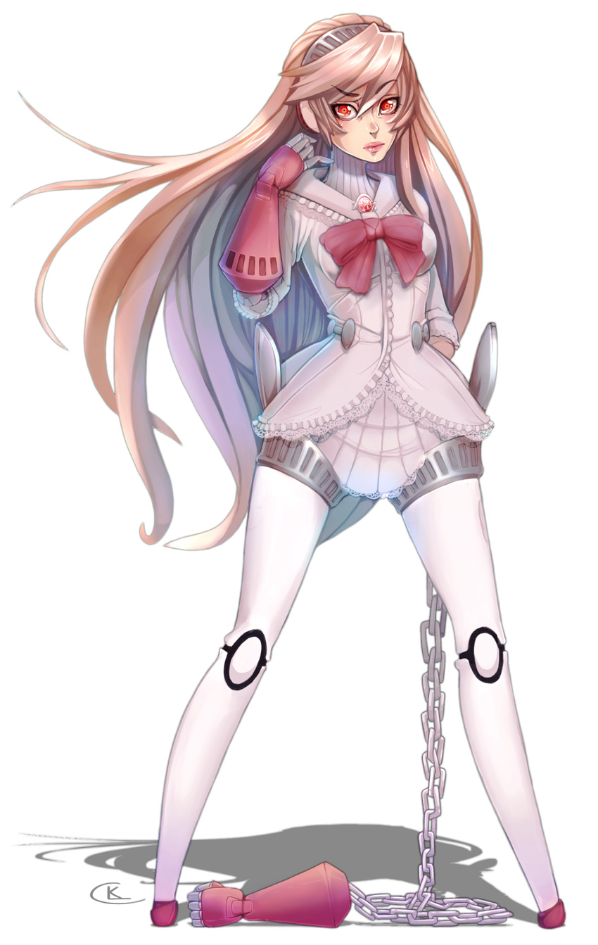 android bad_id bad_tumblr_id blonde_hair bow chain disembodied_limb fusion highres labrys lili_(tekken) lips long_hair lucky_clover_(luckyxclover) no_feet persona persona_4:_the_ultimate_in_mayonaka_arena red_eyes robot_joints solo tekken very_long_hair