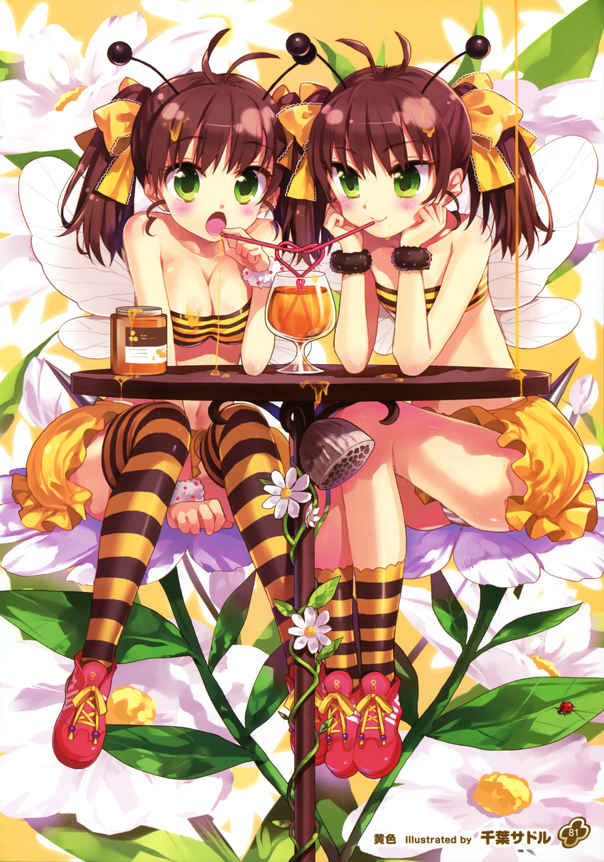 :o absurdres antenna_hair antennae artist_name bandeau bangs bare_shoulders bee_girl between_legs blush breasts brown_hair bug chiba_sadoru cleavage colored_stripes crazy_straw cup drinking drinking_glass drinking_straw elbow_rest flat_chest flower food food_on_body food_on_head frilled_skirt frills green_eyes hair_ribbon hand_between_legs heart_straw highres honey insect insect_girl jar ladybug legs_together long_hair miniskirt multiple_girls navel object_on_head open_mouth original panties pantyshot pantyshot_(sitting) ribbon scrunchie shoes sitting skirt smile sneakers socks strapless striped striped_legwear striped_panties table thighhighs tubetop twintails underwear wine_glass wings wrist_cuffs wrist_scrunchie yellow_skirt