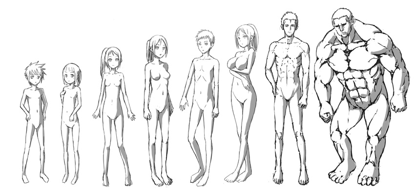 1girl age_progression breast_hold breasts full_body greyscale hands_on_hips highres kimagure_blue large_breasts lineart monochrome muscle no_nipples no_penis no_pussy original ponytail small_breasts standing