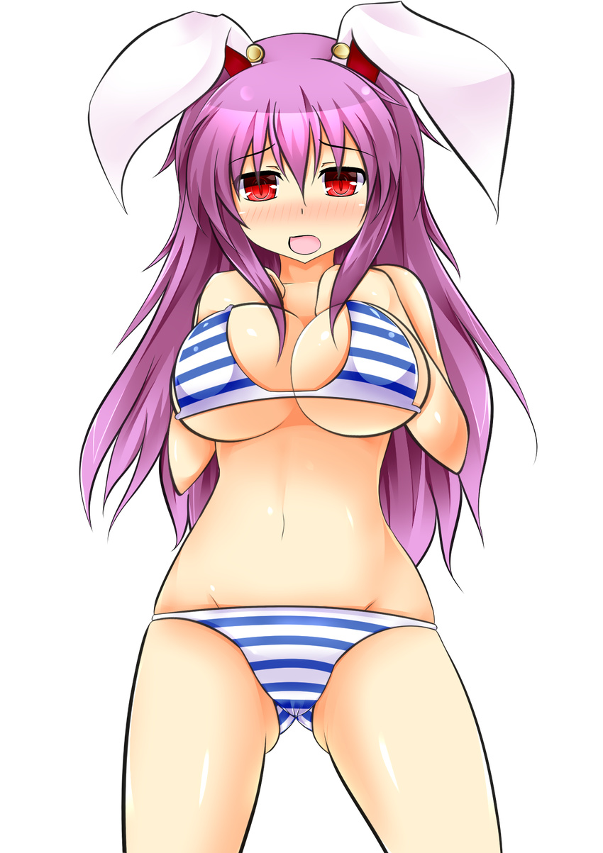 animal_ears bikini blush breasts bunny_ears groin hand_on_own_chest highres large_breasts lavender_hair long_hair navel open_mouth red_eyes reisen_udongein_inaba solo swimsuit touhou transparent_background us2s