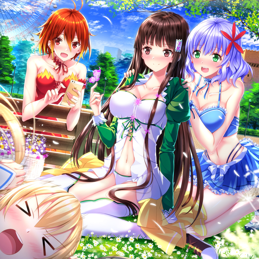 &gt;_&lt; :d amagi_brilliant_park antenna_hair bare_shoulders black_hair blonde_hair blue_hair blush breasts brown_eyes bug butterfly cellphone choker cleavage closed_eyes dress fang ferris_wheel flower gradient_hair green_eyes hair_flower hair_ornament hair_tubes hand_on_another's_shoulder highres holding holding_hair insect iphone koborii_(amaburi) large_breasts long_hair midriff multicolored_hair multiple_girls muse_(amaburi) navel open_mouth orange_hair phone photobomb puffy_sleeves red_eyes red_hair ribbon salama_(amaburi) shiny shiny_hair shiny_skin short_hair sitting skirt smartphone smile swordsouls sylphy_(amaburi) thighhighs tree twintails wariza