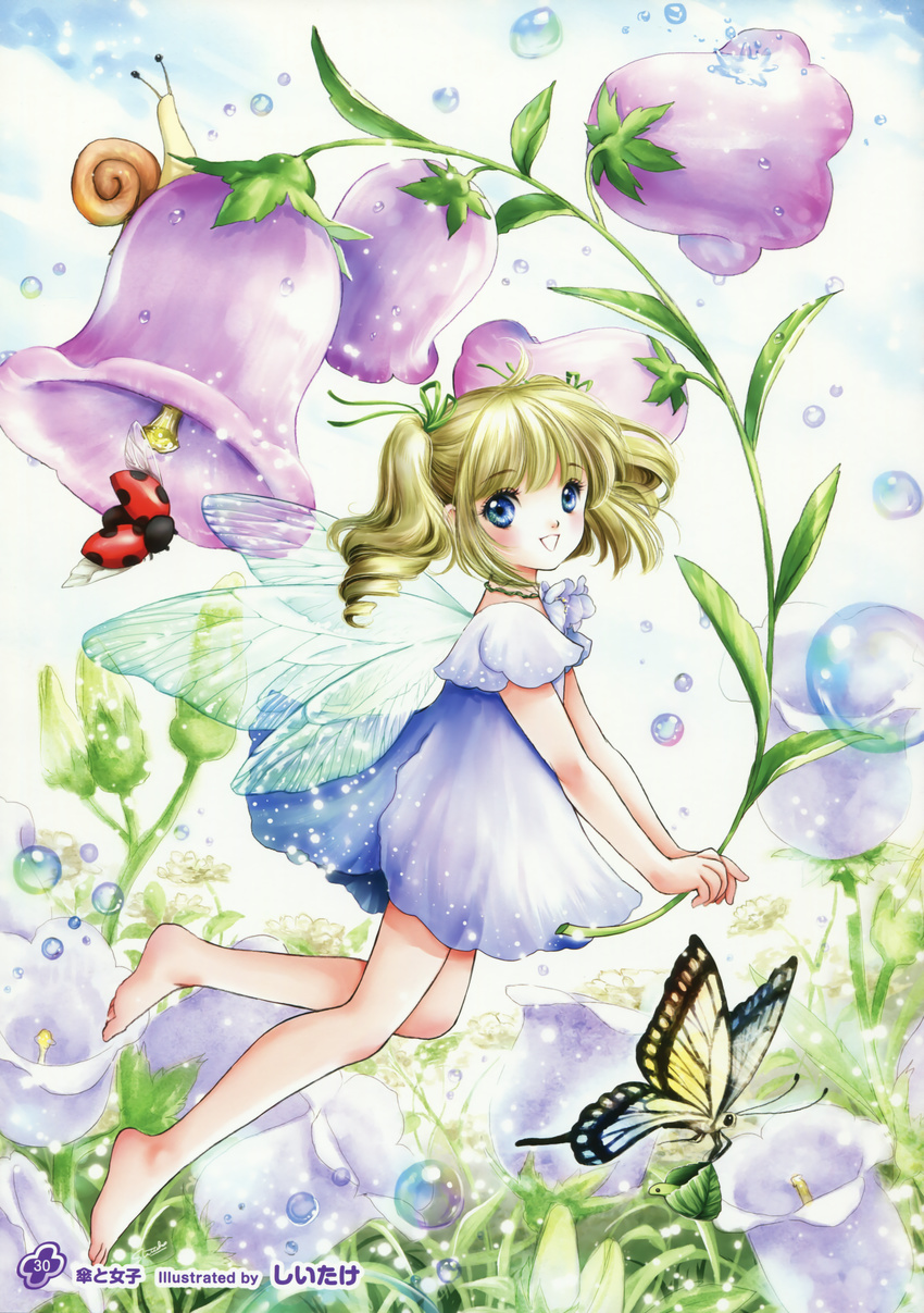 absurdres barefoot blonde_hair blue_eyes bug butterfly dew_drop dress fairy flower highres insect legs long_hair minigirl original shiitake_(gensoudou) smile snail solo twintails water_drop