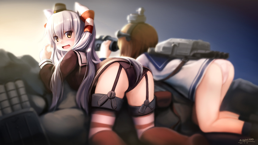 :d amatsukaze_(kantai_collection) ass backpack bag bangs binoculars black_panties blurry brown_eyes brown_hair dated depth_of_field dress garter_straps hair_tubes headgear highres kantai_collection kneeling long_hair looking_at_viewer looking_away looking_back lying multiple_girls open_mouth panties pantyshot pantyshot_(kneeling) revision sailor_dress short_dress silver_hair smile striped striped_legwear thighhighs thighs tsubasa_(abchipika) twitter_username two_side_up underwear very_long_hair wallpaper white_panties yukikaze_(kantai_collection)