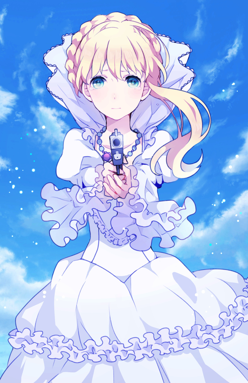 aiming_at_viewer aldnoah.zero asseylum_vers_allusia bangs bead_necklace beads biskekun blonde_hair blue_eyes blue_sky braid crown_braid day dress expressionless frills gown gun handgun highres holding holding_gun holding_weapon jewelry light_particles long_hair long_sleeves looking_at_viewer necklace sky solo tears two-handed weapon white_dress wind