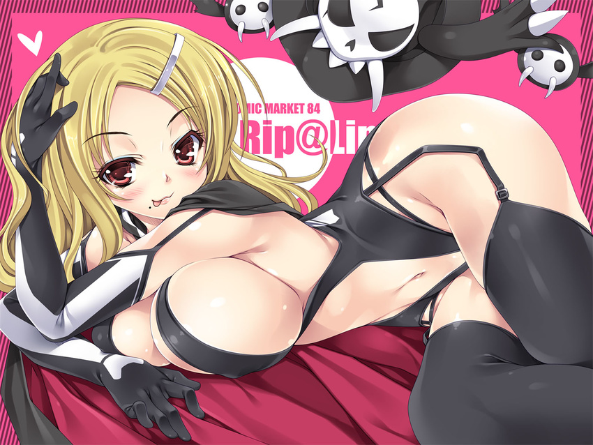 :3 :p black_gloves black_legwear blonde_hair blush breasts cape cleavage elbow_gloves eyeshadow garter_straps gloves hair_ornament hairclip highres large_breasts looking_at_viewer makeup mizuhara_yuu mole mole_under_mouth navel non-web_source red_eyes rip@lip senran_kagura senran_kagura_shinovi_versus shiki_(senran_kagura) smile solo thighhighs tongue tongue_out