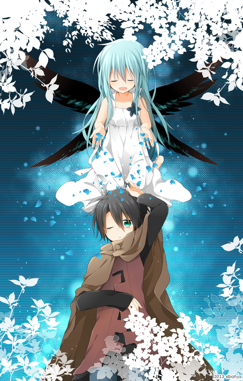 1girl absurdres aqua_eyes bad_id bad_pixiv_id black_hair blue_hair cape character_request closed_eyes copyright_request dress flying highres long_hair nana_kusun one_eye_closed open_mouth smile white_dress wings