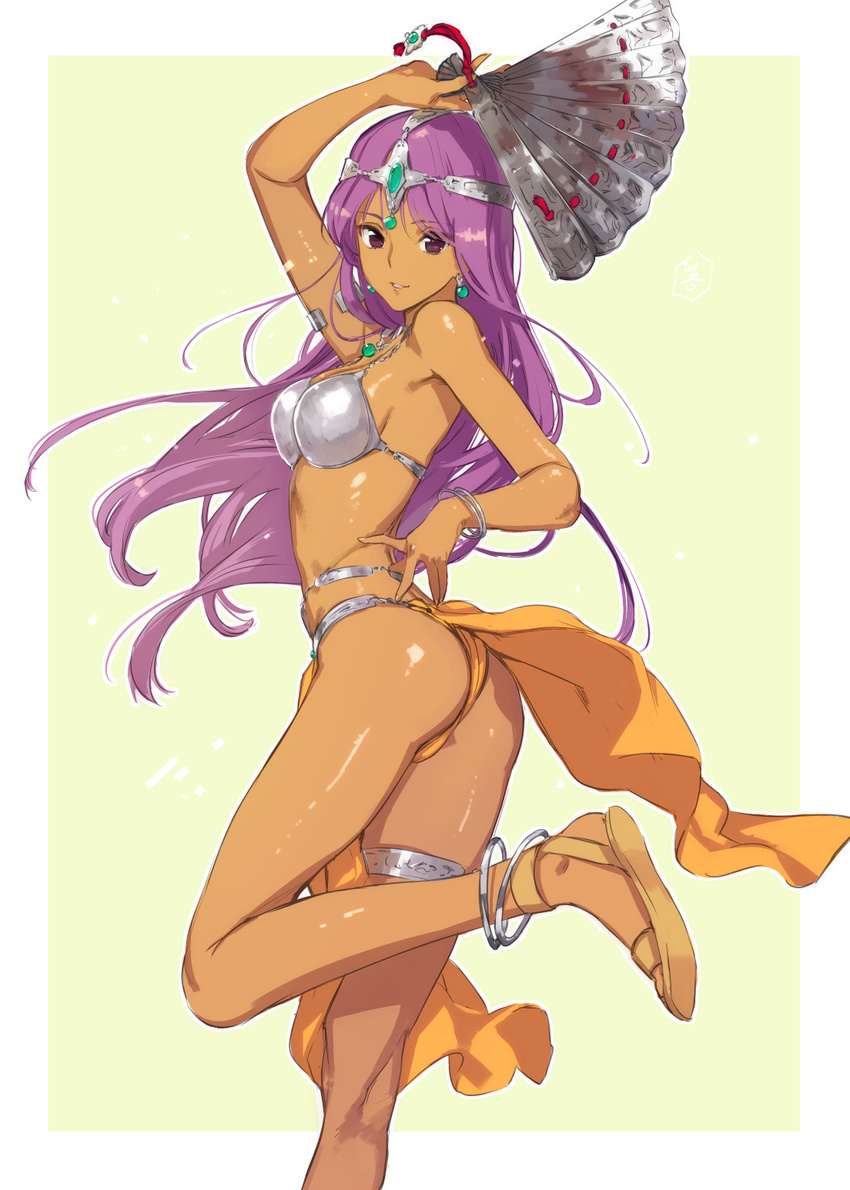 anklet arm_up ass blush bracelet breasts circlet dark_skin dragon_quest dragon_quest_iv earrings fan folding_fan highres jewelry kawakami_rokkaku loincloth long_hair looking_at_viewer manya medium_breasts pelvic_curtain purple_eyes purple_hair revision sandals shiny shiny_skin smile solo