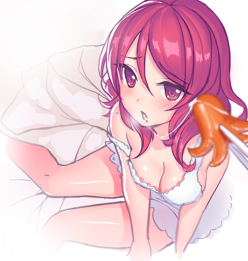 alternate_eye_color blush breasts cleavage fiodo food lingerie looking_at_viewer love_live! love_live!_school_idol_project medium_breasts negligee nishikino_maki off_shoulder open_mouth red_eyes red_hair saliva saliva_trail sexually_suggestive sitting solo strap_slip tako-san_wiener underwear