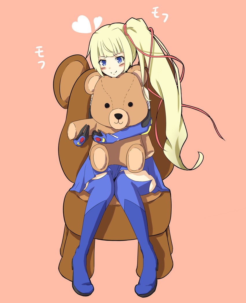 ao_jill blonde_hair blue_eyes blue_footwear blush boots chair elbow_gloves gloves hair_ribbon highres limalisha long_hair madan_no_ou_to_vanadis pink_background ribbon side_ponytail skirt smile solo stuffed_animal stuffed_toy teddy_bear thigh_boots thighhighs