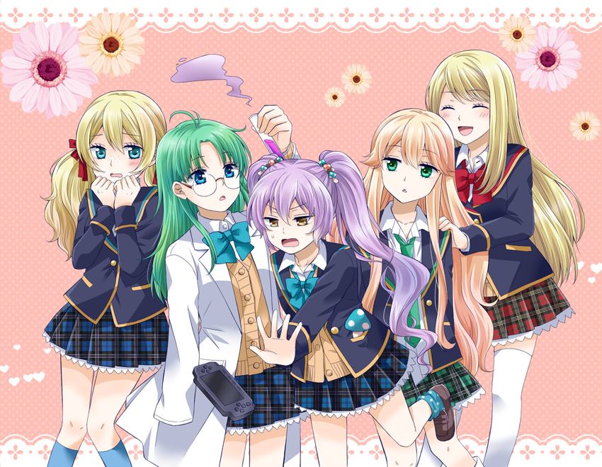 ^_^ ^o^ ahoge arms_up bad_id bad_pixiv_id blazer blonde_hair blue_bow blue_legwear blue_neckwear blush bow bowtie brown_eyes cardigan chloe_lemaire closed_eyes d: floral_background food_themed_hair_ornament freckles girlfriend_(kari) glasses green_eyes green_hair green_neckwear hair_ornament hair_ribbon hand_on_another's_shoulder handheld_game_console himejima_kinoko holding jacket kneehighs labcoat lace_background loafers long_hair multiple_girls mushroom_hair_ornament necktie open_mouth outstretched_arm pink_background pink_hair plaid plaid_skirt playstation_portable pleated_skirt polka_dot polka_dot_background polka_dot_legwear purple_hair red_bow red_neckwear ribbon round_eyewear school_uniform shiratori_shiori shoes skirt smoke socks sweatdrop test_tube thighhighs triangle_mouth twintails unmoving_pattern usako_(meco) v-shaped_eyebrows wavy_hair white_legwear yukawa_kise yumesaki_haruko zettai_ryouiki