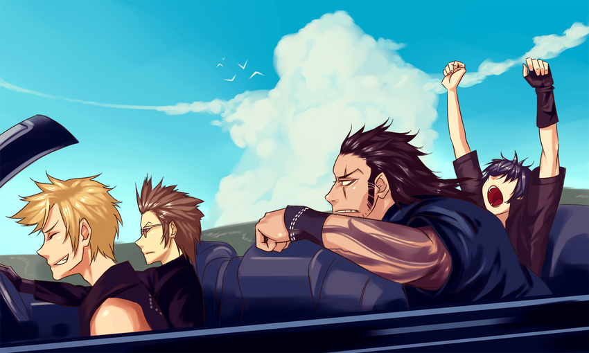 4boys bird blue_sky car driving final_fantasy final_fantasy_xv gladiolus_amicitia ignis_scientia janiiy motor_vehicle multiple_boys noctis_lucis_caelum prompto_argentum scar sideburns sky spiked_hair yawn yawning