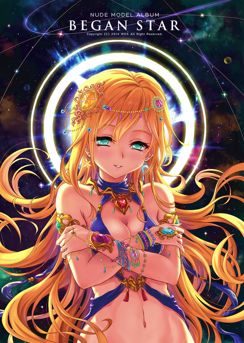 aqua_eyes armband bangle blonde_hair bracelet breasts cleavage crescent crescent_earrings crossed_arms earrings hair_ornament halo highres jewelry long_hair medium_breasts navel necklace original smile solo space star star_earrings wox