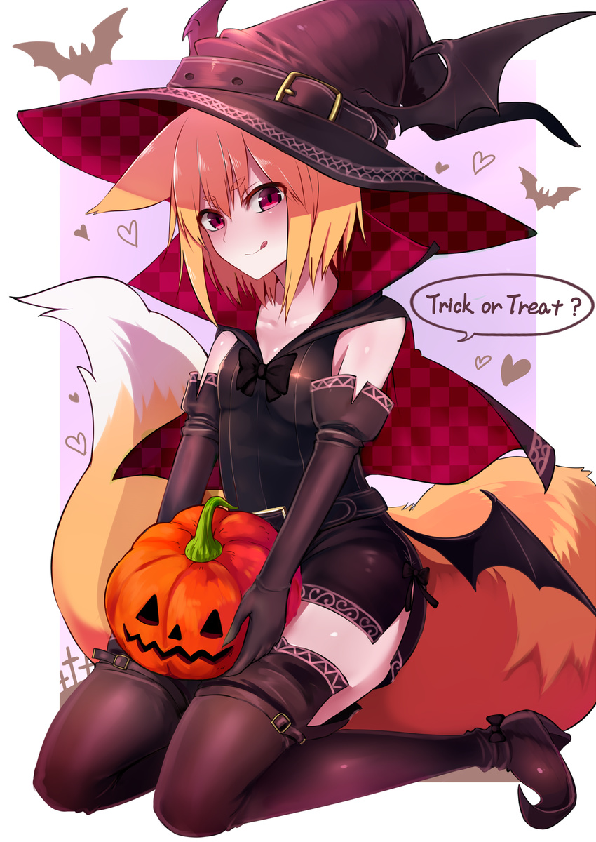 :q absurdres animal_ears bad_id bad_pixiv_id bat black_legwear boots cape fox_ears fox_girl fox_tail halloween hat heart highres ichibi_(sukemyon) jack-o'-lantern kneeling looking_at_viewer original red_eyes sukemyon tail thigh_boots thighhighs tongue tongue_out trick_or_treat witch_hat