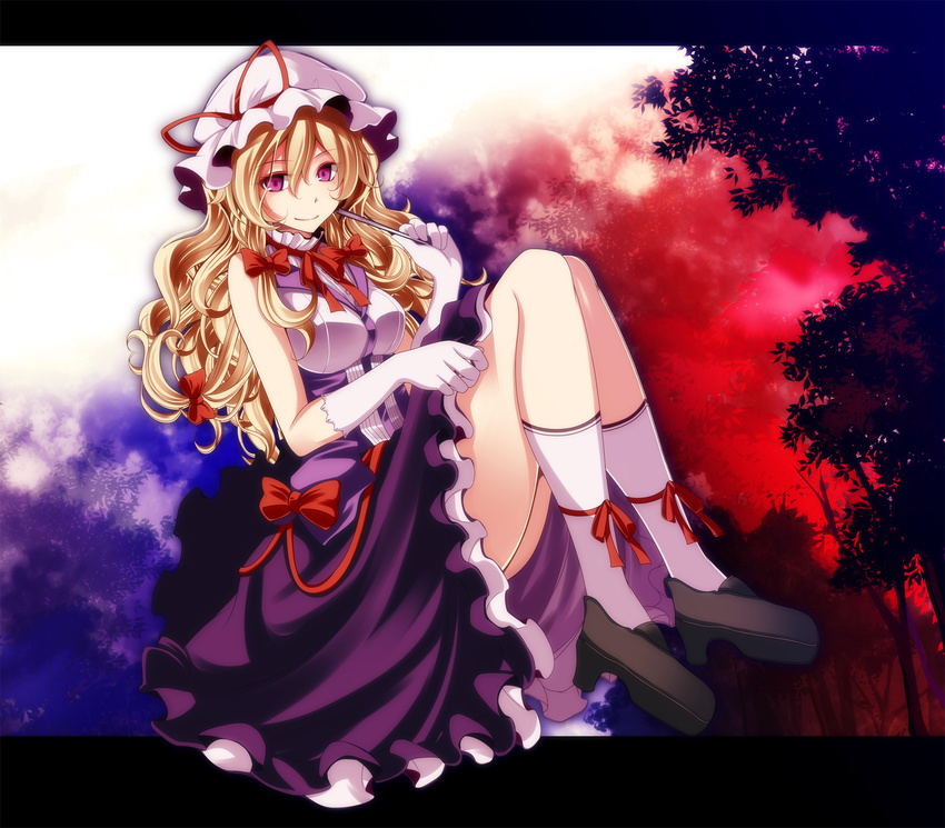 bad_id bad_pixiv_id blonde_hair closed_fan dress fan folding_fan gloves hat highres loafers looking_at_viewer mob_cap paper_fan purple_eyes revision s-syogo shoes smile socks solo touhou white_gloves yakumo_yukari