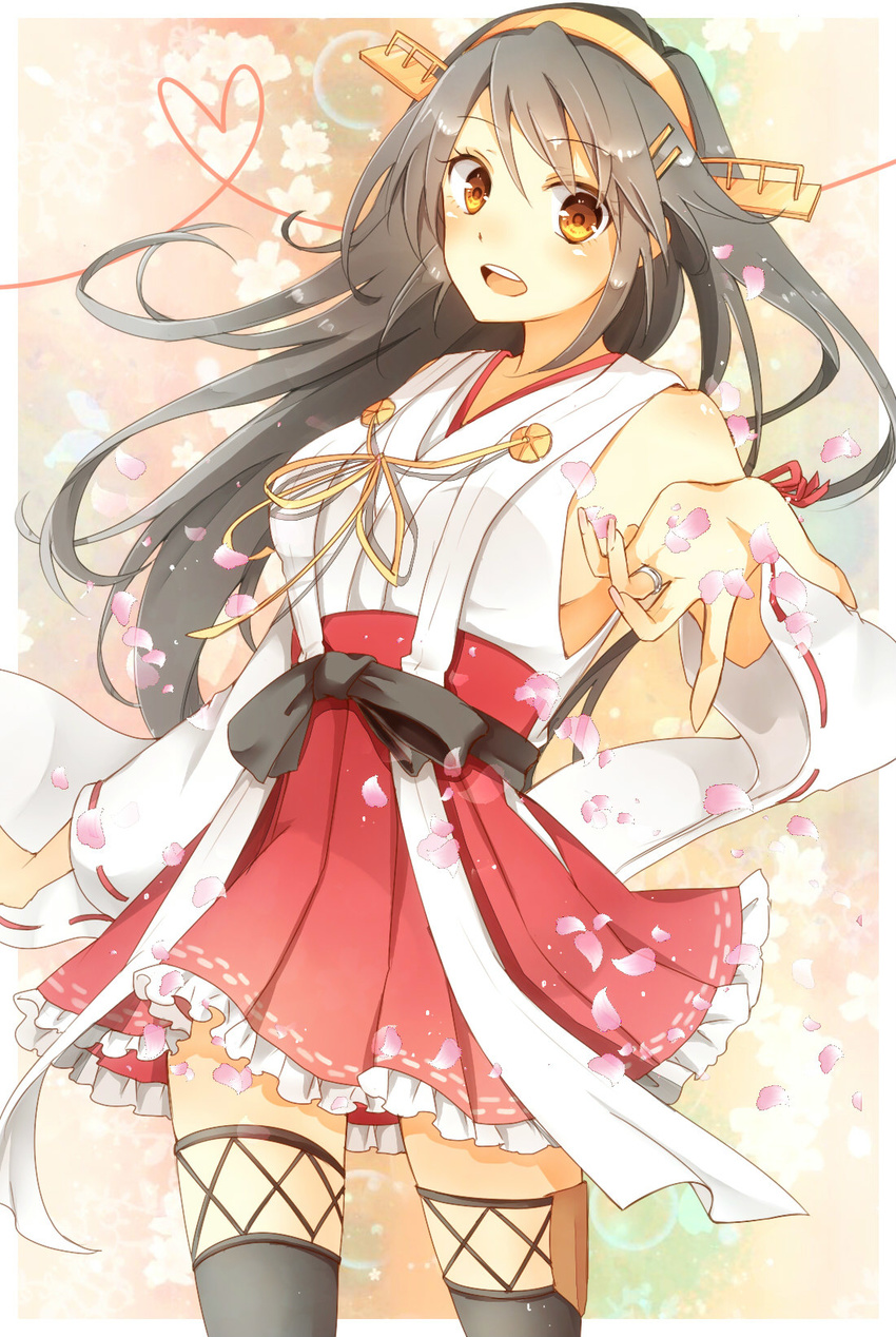 bare_shoulders black_hair boots breasts cherry_blossoms detached_sleeves hairband haruna_(kantai_collection) heart heart_of_string highres japanese_clothes jewelry kantai_collection large_breasts long_hair looking_at_viewer miniskirt nachi_(herousa) nontraditional_miko open_mouth outstretched_hand petals ribbon-trimmed_sleeves ribbon_trim ring skirt smile solo thigh_boots thighhighs zettai_ryouiki