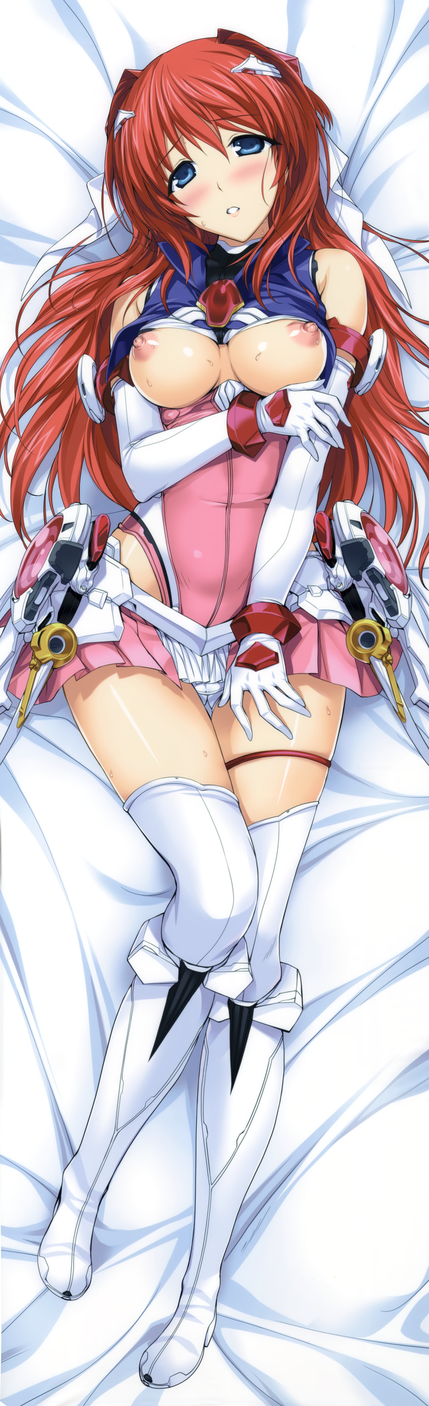 absurdres armor bangs bare_shoulders beat_angel_escalayer bed_sheet blue_eyes blush boots bracer breasts breasts_apart breasts_outside brooch dakimakura dress elbow_gloves escalayer faulds from_above full_body gloves hair_intakes hair_ornament hair_ribbon hand_on_own_thigh head_tilt high_heel_boots high_heels highleg highres hip_vent holding_arm huge_filesize jewelry kouenji_sayuka long_hair looking_at_viewer lying magical_girl medium_breasts nipples no_bra official_art on_back onigirikun open_clothes panties pantyshot pantyshot_(lying) parted_lips pleated_dress puffy_nipples raised_eyebrows red_hair ribbon scan shirt short_dress solo sweat thigh_boots thigh_gap thigh_strap thighhighs underwear white_footwear white_gloves white_legwear white_panties
