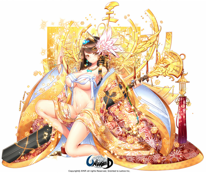 areola_slip areolae bad_id bad_pixiv_id black_hair blush breasts clog_sandals copyright_name hair_ornament highres jewelry large_breasts legs long_hair looking_at_viewer navel necklace nipple_slip nipples one_knee poseich sheath sheathed smile solo sparkle sword unleashed weapon wide_sleeves yellow_eyes