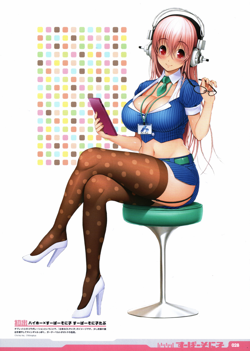 1girl absurdres big_breasts blush breasts brown_legwear cleavage closed_mouth curves curvy ecchi female full_body garter_straps glasses glasses_in_hand glasses_off glasses_removed head_phones headphones high_heels highres holding_object huge_breasts legs_crossed long_hair looking_at_camera looking_at_viewer midriff navel nitroplus pink_hair polka_dot polka_dot_legwear red_eyes shoes sitting skirt smile solo spotted spotted_legwear spotted_print stool striped striped_print striped_skirt super_sonico thighhighs translation_request tsuji_santa