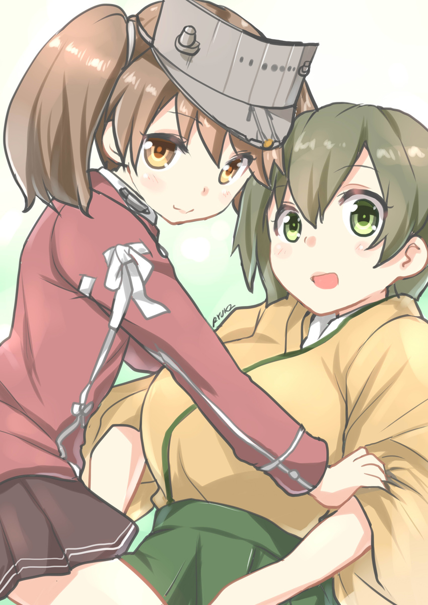 absurdres artist_name blush breast_envy breasts brown_eyes brown_hair commentary flat_chest green_eyes green_hair highres hiryuu_(kantai_collection) japanese_clothes kantai_collection looking_at_viewer multiple_girls open_mouth ryuki_(ryukisukune) ryuujou_(kantai_collection) skirt smile twintails visor_cap