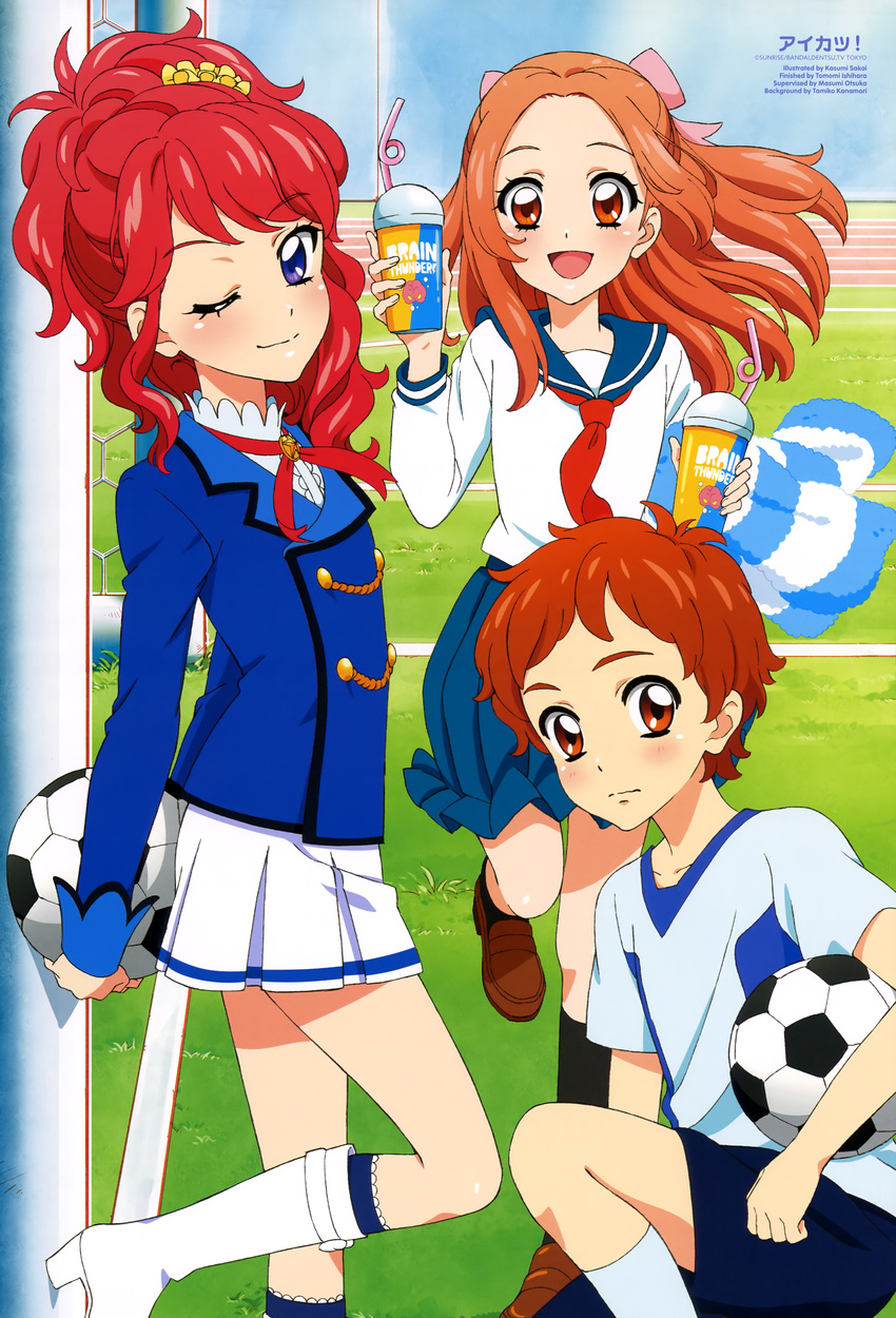 2girls absurdres aikatsu! aikatsu!_(series) animaga ball blue_eyes boots brown_eyes brown_hair drink highres hoshimiya_raichi kurebayashi_juri legs long_hair looking_at_viewer multiple_girls neckerchief non-web_source official_art one_eye_closed otoshiro_noel red_hair red_neckwear sakai_kasumi school_uniform serafuku short_hair smile soccer_ball socks starlight_academy_uniform telstar