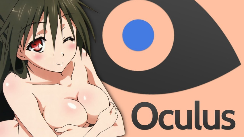 blush breasts covering covering_breasts large_breasts mayo_chiki! nude oculus red_eyes smile suzutsuki_kanade wink