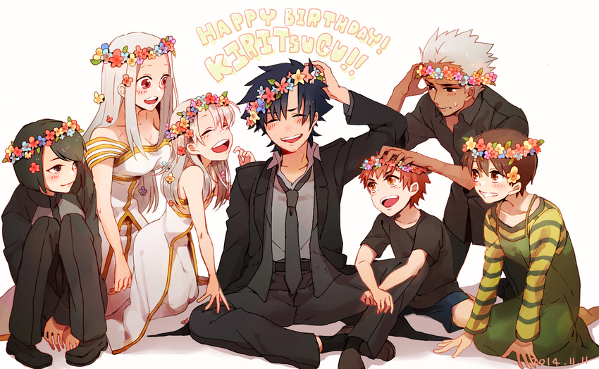 4girls archer emiya_kiritsugu emiya_shirou family fate/stay_night fate_(series) fley3black fujimura_taiga happy_birthday head_wreath highres hisau_maiya illyasviel_von_einzbern irisviel_von_einzbern multiple_boys multiple_girls white_hair